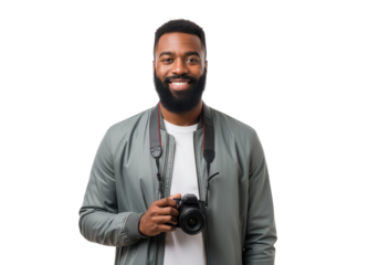 Happy African American Photographer on White Background