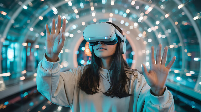 Immerse yourself in virtual reality with a young woman exploring digital worlds in futuristic style - Powered by Adobe