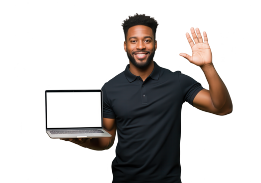 Smiling Man Holding Laptop with Blank Screen, Waving Hello on White