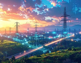 Vibrant Sunset Over Cityscape with Power Lines