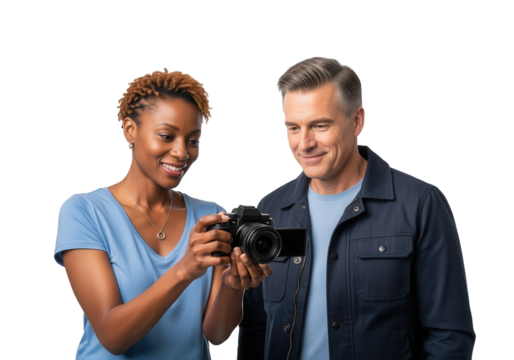 Photographer Couple Reviewing Images on Camera Screen
