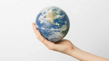 "Hand holding a small globe – symbolizing global unity, environmental responsibility, care for the planet, sustainable world concept, and connection to global issues with copy space"