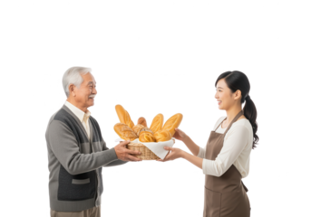 Asian Woman Giving Bread Basket to Senior Man on White Background
