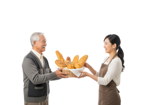Asian Woman Giving Bread Basket to Senior Man on White Background