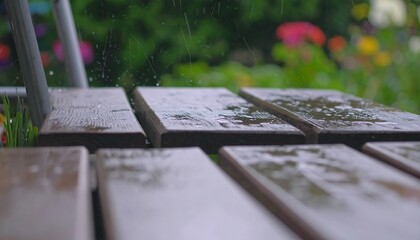 Wooden picnic table in the rain