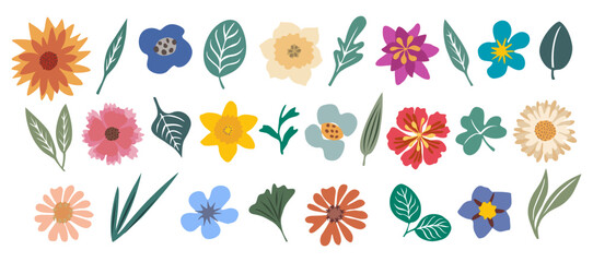 Set of hand-drawn floral design elements with wildflowers, garden blooms, leaves, and abstract shapes. Modern botanical vector illustrations in trendy colors, isolated for creative projects