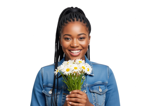 Beautiful Black Woman with Flowers Smiling on White Background