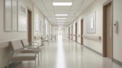 "Bright and spacious modern hospital corridor &ndash; clean lines, natural light, comfortable seating, calming healthcare environment, contemporary medical interior, and serene patient-friendly design"