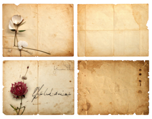 Four antique, aged postcards or letters. Dried flowers and handwritten script adorn the surfaces