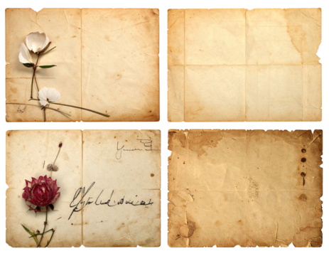 Four antique, aged postcards or letters.  Dried flowers and handwritten script adorn the surfaces