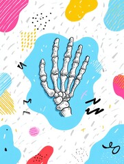 Illustration Featuring Skeleton Hand on a Colorful Abstract Background With Pink, Yellow, and Blue Shapes