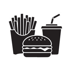 Fast food meal icon with burger, fries and soda. Junk food silhouette vector illustration.
