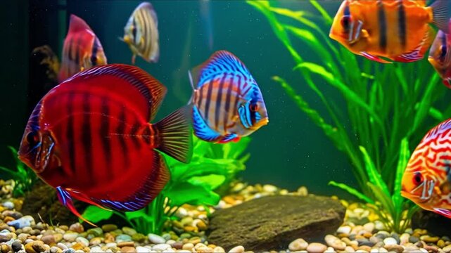 A red discus fish with black stripes is in an aquarium with gravel rocks plants  other discus fish