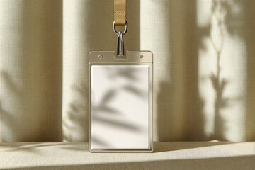 Empty ID badge on beige fabric backdrop