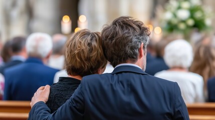 Man comforting woman with hand on shoulder from behind. Sad couple attending funeral service or ceremony. Grief and support concept for condolence.