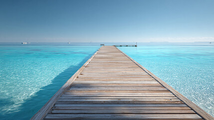 Obraz premium Wooden pier extending into a calm, turquoise ocean under a clear blue sky.