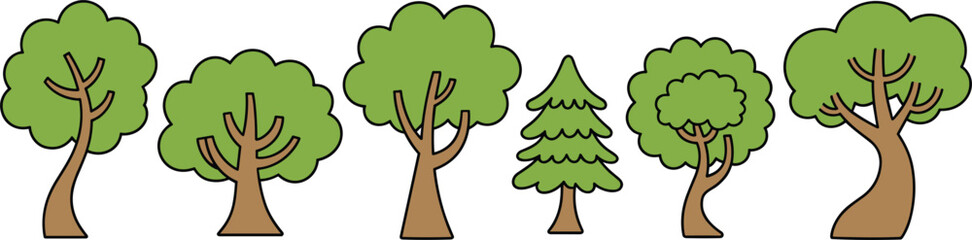 Assortment of stylized cartoon trees with green foliage and brown trunks Keywords: tree, trees, nature, green, foliage, leaves