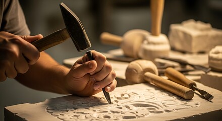 Hands carving stone ornament with chisel and hammer in a workshop studio