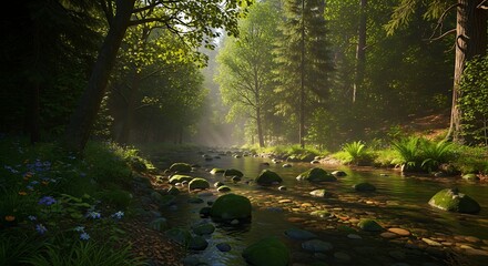 Fototapeta premium Sunlit woodland river with mossy rocks and lush vegetation creating a peaceful nature scene