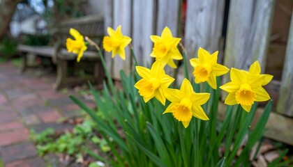 Yellow daffodils by a fence