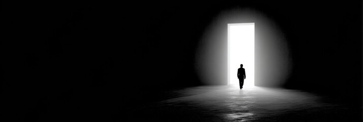 Man Walking Toward Bright Doorway in a Dark Room, Silhouette Leaving Shadows on the Floor and Walls, Symbolizing Hope