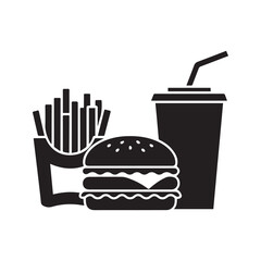 Fast food meal icon with burger, fries and soda. Junk food silhouette vector illustration.
