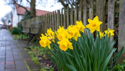 Yellow daffodils by a wooden fence