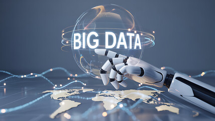 Robotic hand analyzing global big data for innovative tech solutions and digital transformation insights