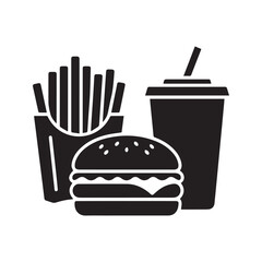 Fast food meal icon with burger, fries and soda. Junk food silhouette vector illustration.

