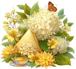 Floral arrangement with yellow tea bag and cup