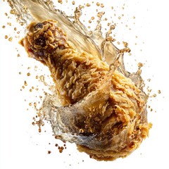Crispy fried chicken drumstick in liquid splash