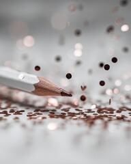Close-up of a white pencil atop rose gold glitter