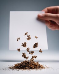 Dried leaves rising from pile, held by hand