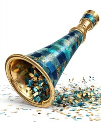 Golden, teal trophy-horn, confetti-filled