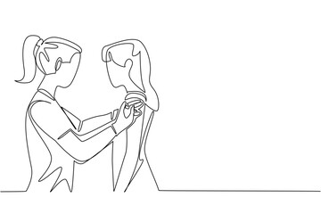 Single one line drawing female doctor giving injection to female patient. Vitamin C injection. Prevent influenza. Healthy living. National Safety Dose Day. Continuous line design graphic illustration