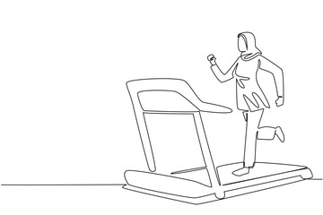 Single one line drawing Arab woman in hijab running on treadmill with heart impulse. Busy. Exercise. Stay healthy. National Employee Health and Fitness Day. Continuous line design graphic illustration