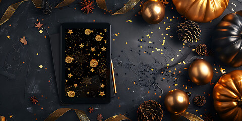 Festive dark background with golden ornaments, pumpkins and tablet displaying starry pattern