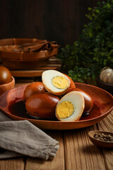 Telur pindang. Tea boiled egg. Indonesian or chinese traditional cuisine. perfect for recipe, article, or any commercial purposes. with copy space.