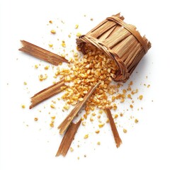 Wooden basket spilling yellow grains