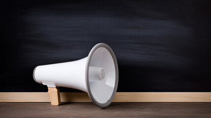 Megaphone positioned before a blank blackboard, representing communication and learning in a simple setting.