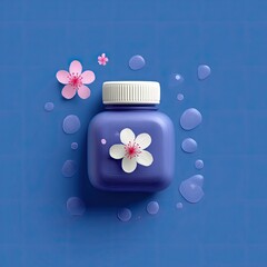 A square, purple bottle, topped with white cap,  surrounded by pink cherry blossoms and water droplets, on a deep blue background
