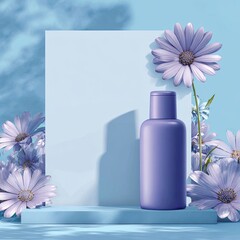 Light purple bottle, surrounded by flowers, on a light blue backdrop