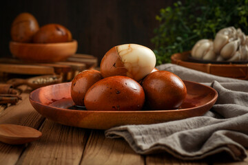 Telur pindang. Tea boiled egg. Indonesian or chinese traditional cuisine. perfect for recipe, article, or any commercial purposes. with copy space.
