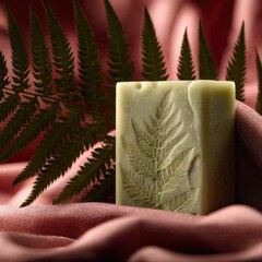 Light green soap, fern design, draped fabric