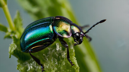 Iridescent Beetle macro photo on green plant stem 