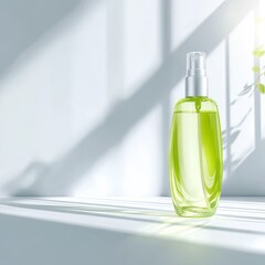 Light-green cosmetic spray bottle on white surface, sunlit