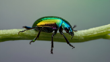 Iridescent Beetle macro photo on green plant stem 