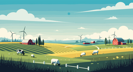 Naklejka premium Idyllic pixel art farm landscape with wind turbines and grazing livestock under a cloudy sky