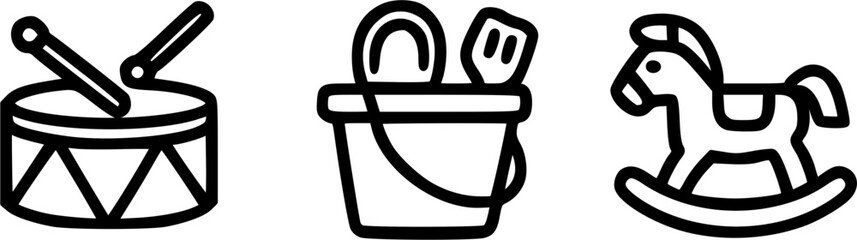 Line art icons of children's toys including a drum with drumsticks, a sand bucket with tools, and a rocking horse.