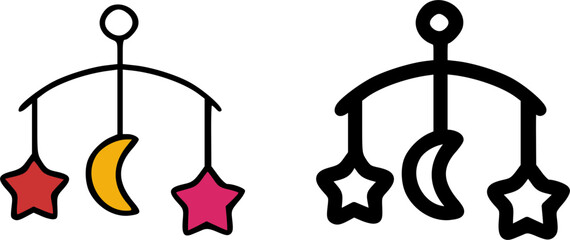 A colorful and a black and white outline illustration of a baby mobile with stars and a moon hanging from a curved bar.
